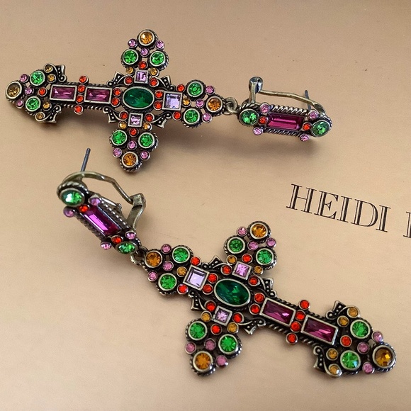 Heidi Daus "Cross My Heart" Crystal Cross Dangle Earrings Pierced Pink Multi - Picture 1 of 8